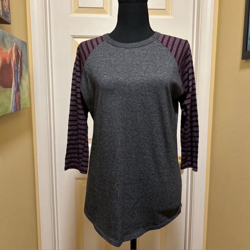 LuLaRoe Charcoal and Plum Striped Sleeve Top